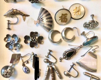 Vtg Silver Jewelry Silver Earrings Component Restoration SCRAP SILVER Junk Drawer Collage Calla lily Articulated Fish Chinese Silver SALE