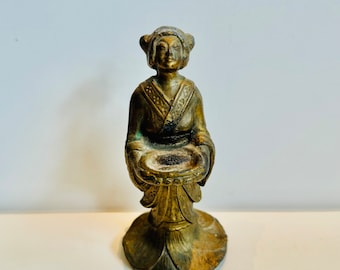 Antique French Art Deco Vantines Geisha Girl Incense Burner Cast Metal Bronze Tone Statue Altar Zen Meditation Yoga Room She Shed Man Cave