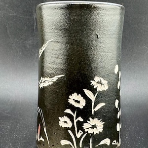 Small Vintage Studio Pottery Bud Vase Cylinder Weedpot Sgraffito Ferns Flowers Pencil Cup Holder Artist Signed Ingrid