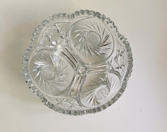 American Brilliant Period Victorian Cut Crystal Bowl Saw Tooth ABP Starburst Sunburst Stars Pinwheels Hobstar 1920s Minimal Rim Wear 8”