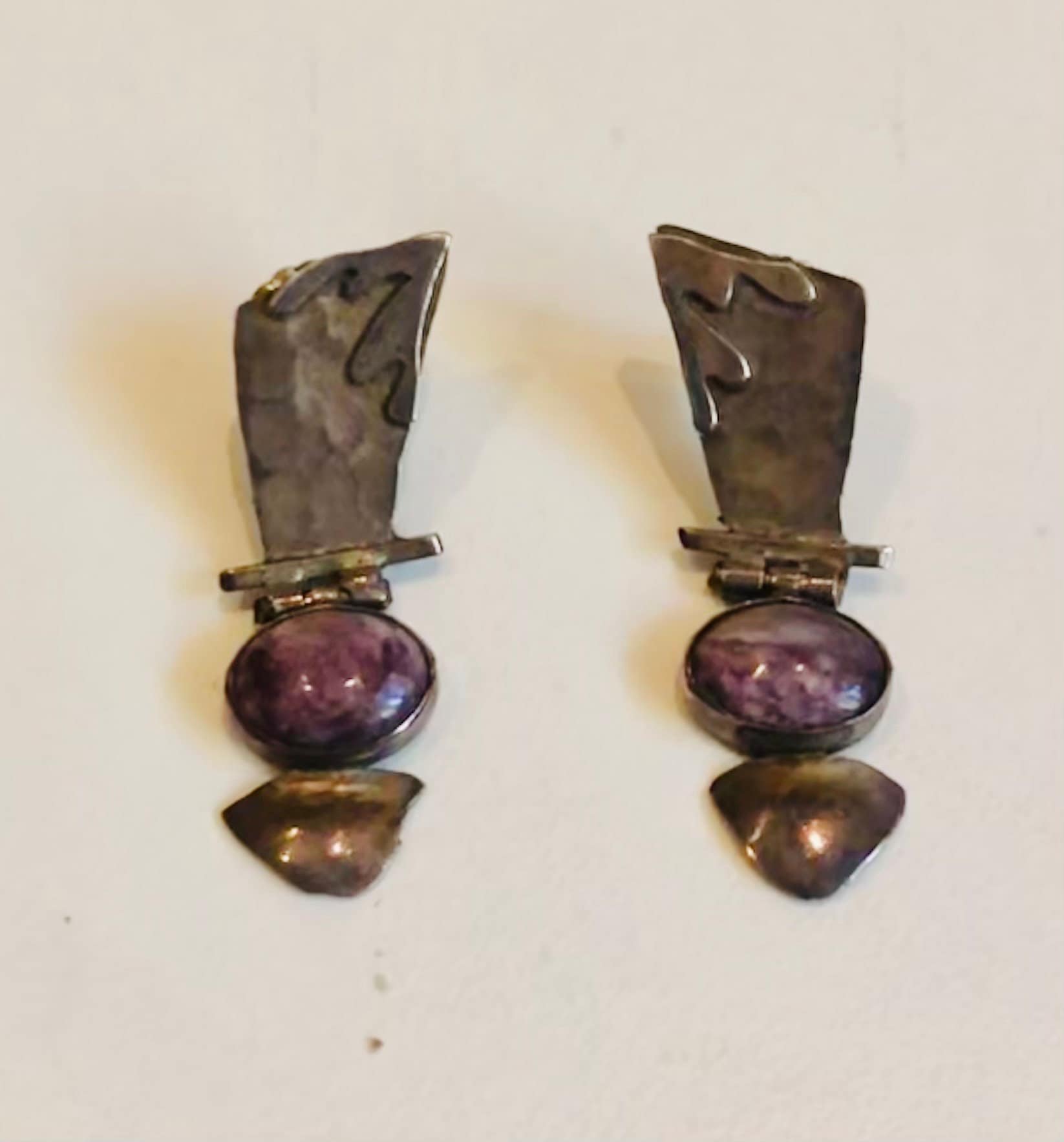 Vintage Artist Made Postmodern Sugalite Silver Drop Pierced Earrings