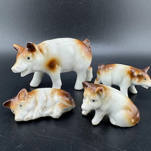 Set of 4 Vintage Miniature Pig Figurines Mama Pig and her 3 Baby Piglets Figurine Collection Repaired Leg on Mama Barnyard Pig Family AS IS
