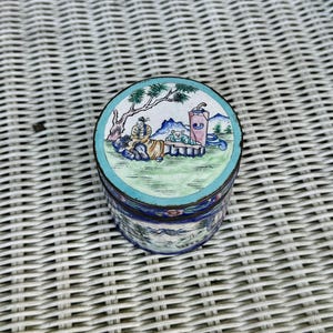 Antique Qing Dynasty Canton Enameled Chinese Trinket Box Miniature Painting Nautical Boats Scholars Butterfly Bird Mountains Landscape AS IS