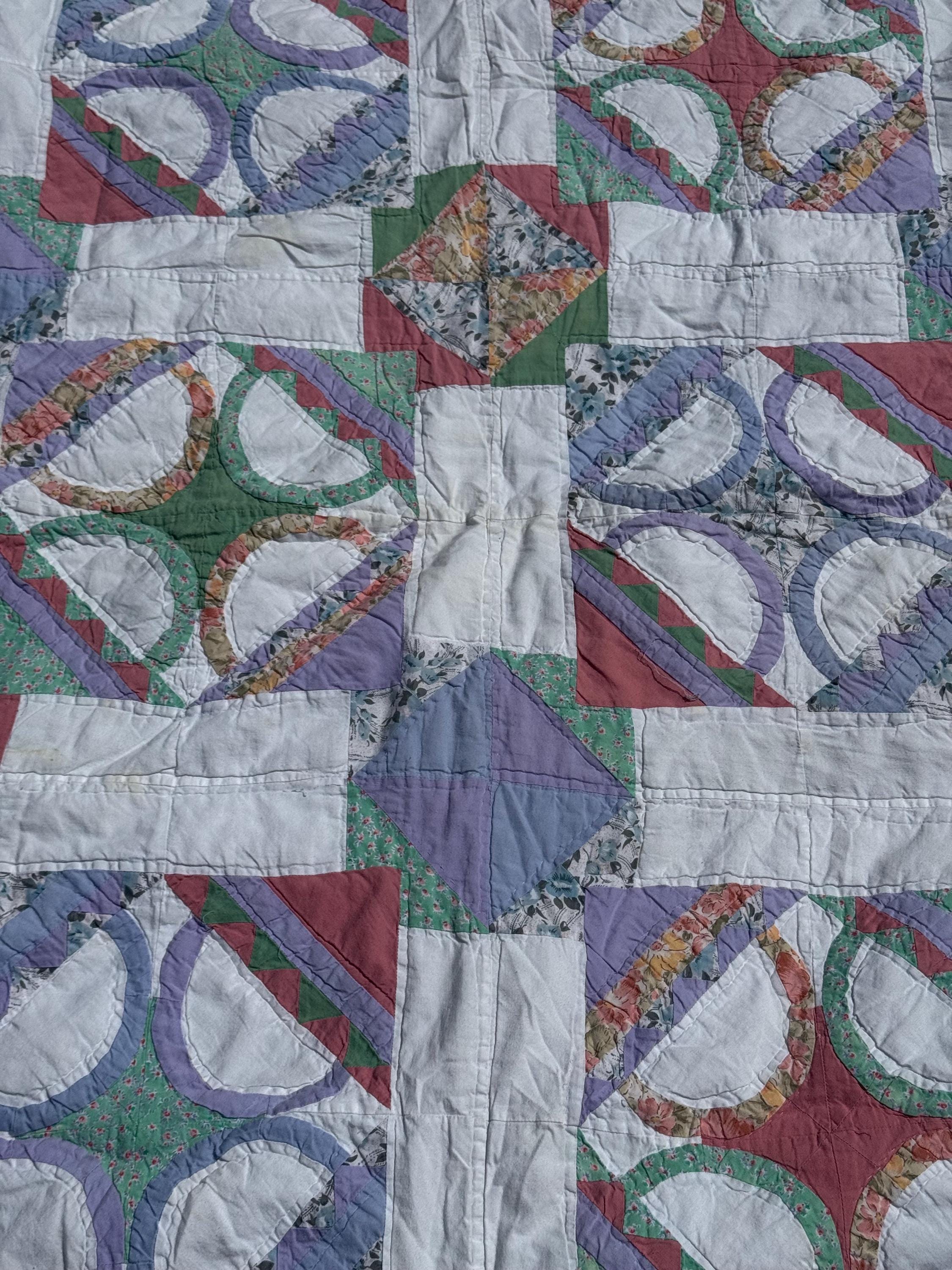 素晴らしいヴィンテージフォークアートフラワーバスケットキルト