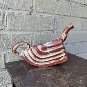 Funky Vintage Hand Built Ceramic Pitcher Postmodern Sculpture Vessel Swirly Shape Hand Built Redware Slab Pottery Maximalism