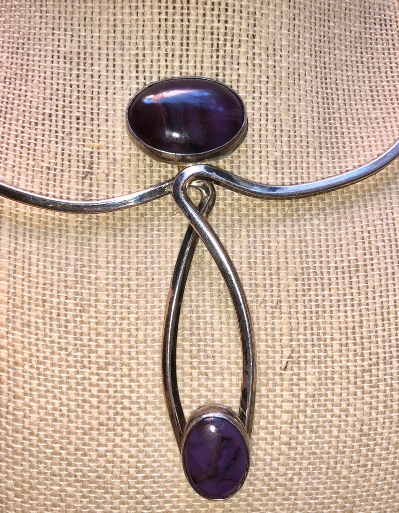 Modernist Charoite Necklace Silver Collar Bib Necklace Designer Bib Collar Necklace Artist Signed Purple Stones Hippie Jewelry