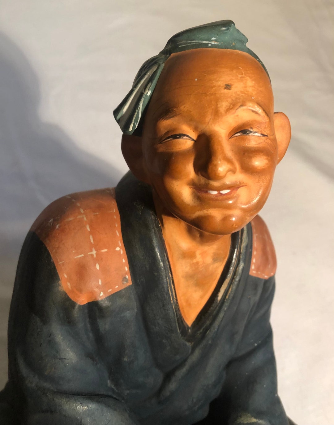 Vintage Japanese Hakata Urasaki Clay Statue Handmade Seated Male Figure