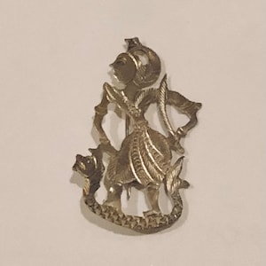 Vintage Siam Silver Mekkalah Brooch Etched Goddess of Lightening Pin w Sword & Serpent