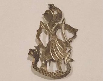 Vintage Siam Silver Mekkalah Brooch Etched Goddess of Lightening Pin w Sword & Serpent