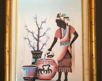 Original Oil Painting Artist Signed Native Woman w Ceramic Water Jug Pots and Head Wrap 1993 as is SALE