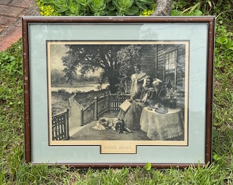 Vintage Lithographie „Heimat wieder zu Hause“ 1898 Spanisch-Amerikanischer Kriegssoldat mit Frau und Hund gerahmt