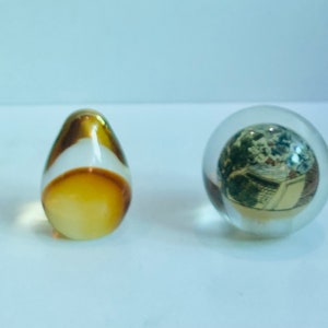 Pair! Vintage Chinese Reverse Painted Paperweight and Small Hand Blown Clear & Amber Glass Egg Paperweight