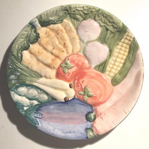 Vibrant Fitz & Floyd Vegetable Garden Raised Canapé Salad Plates set of 3 1986 Fitz and Floyd Majolica Style Decorative Plates