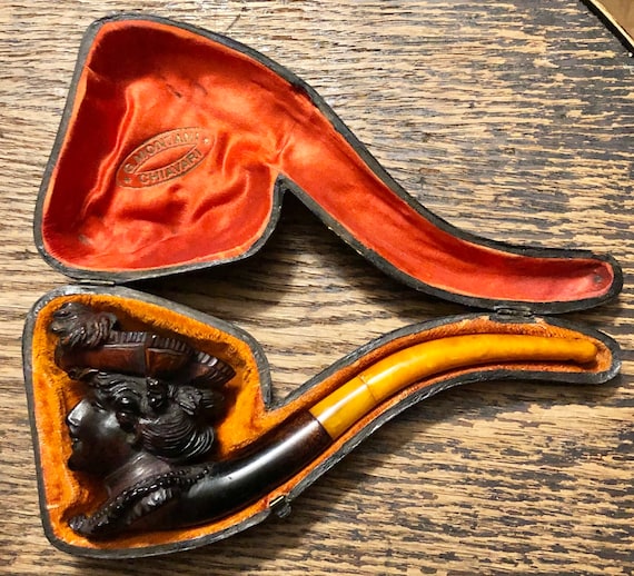 Victorian Lady Pipe Antique Carved Briarwood Woman With Real Amber Stem and  Original Leather Case Vintage Tobacco Pipe Montani Chiavari