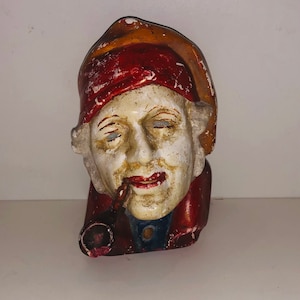 Antique Early 1900s Chalkware Pirate Sailor Match Holder Wall Hanging Pipe Smoker Red Bandana Head Wrap Rustic Candle Sconce