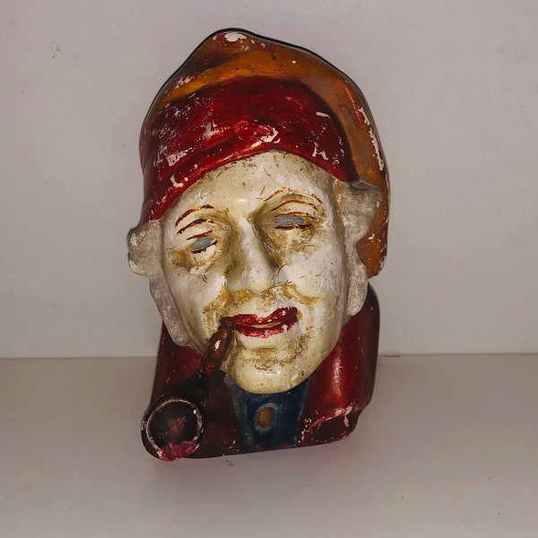 Antique Early 1900s Chalkware Pirate Sailor Match Holder Wall Hanging Pipe Smoker Red Bandana Head Wrap Rustic Candle Sconce