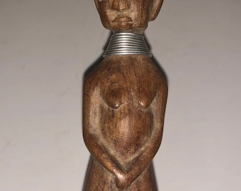 Beautiful Vintage Carved Wooden African Spoon Kneeling Tribal Ndebele  Figure Neck Rings Headdress Miniature Sculpture Africa Folk Art