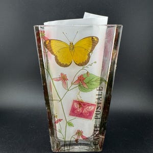 Vintage Fringe Studio Butterfly Bird Decoupage Glass Flower Vase Tropical Flowers Carte Postale French Country Victorian Revival Vessel