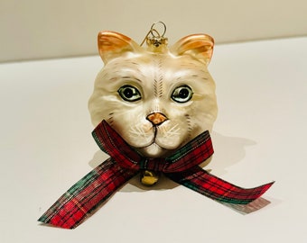 Gorgeous Vintage Blown Glass White Cat Christmas Ornament w Plaid Bow & Bell Pink Nose Blue Eyes Feline Kitten Xmas Tree Trimming Party