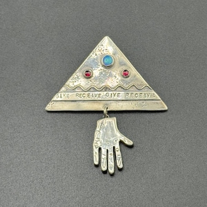 Beautiful Postmodern Sterling Silver Opal Garnet Artisan Brooch Inspirational “Give Receive” Dangling Hand BFF Gift Unisex Pin Signed LM