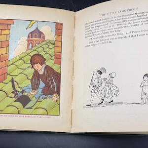 May include: An open book with illustrations. One page shows a colour illustration of a person kneeling on a green tiled roof, with a bird and a building in the background. The other page has black and white drawings of people.
