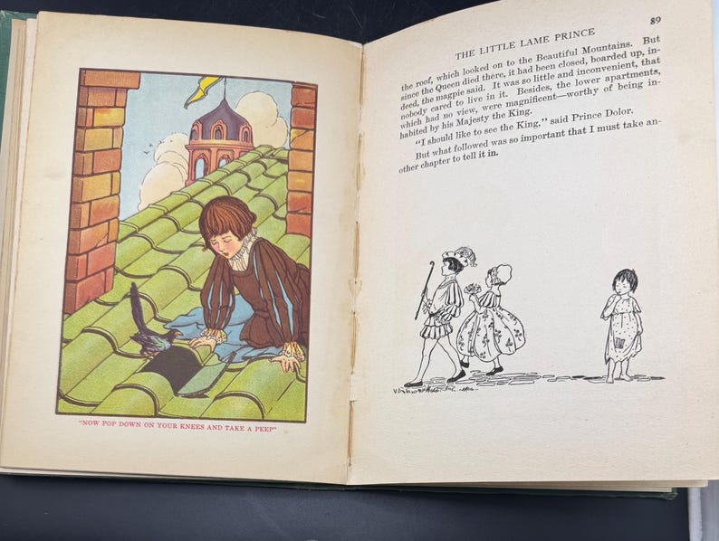 May include: An open book with illustrations. One page shows a colour illustration of a person kneeling on a green tiled roof, with a bird and a building in the background. The other page has black and white drawings of people.