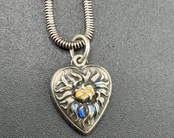 Antique Silver Puffy Heart Charm Pendant Necklace 3D Chrysanthemum Flower Engraved "Dad" 24” Italian Sterling Neck Chain Snake Link AS IS