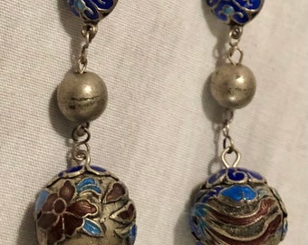 Antique Chinese Enameled Dangles Pierced Chinese Earrings 1920s-30s