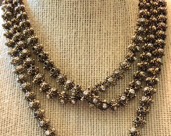 Antique Flapper Style Rhinestone Statement Necklace in Silver Gilt Vintage Indian 50” Long Strand MUST SEE