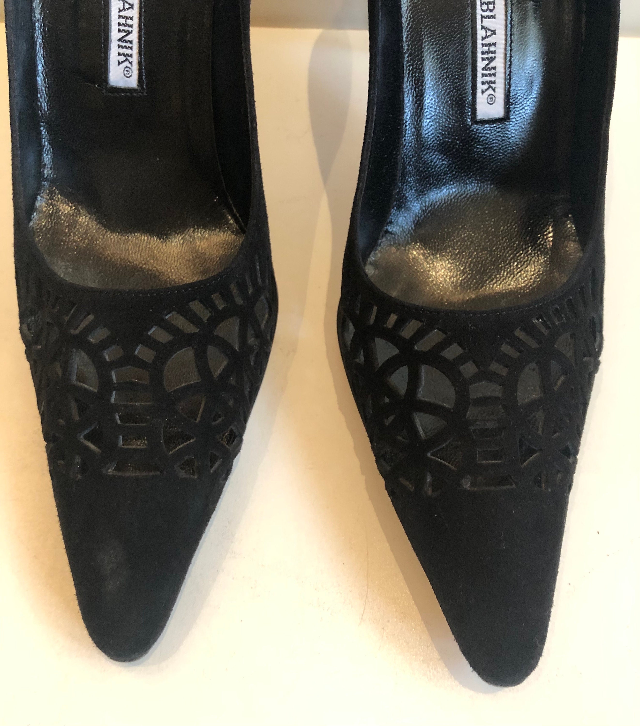 Vintage Black Suede Cutout Manolo Blahnik Pumps Semi Pointed
