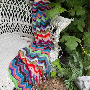 Vintage Rainbow Colors Chevron Zigzag Fringed Afghan Blanket Homemade Crocheted Hippie Throw Blanket Baby Crib Blankie