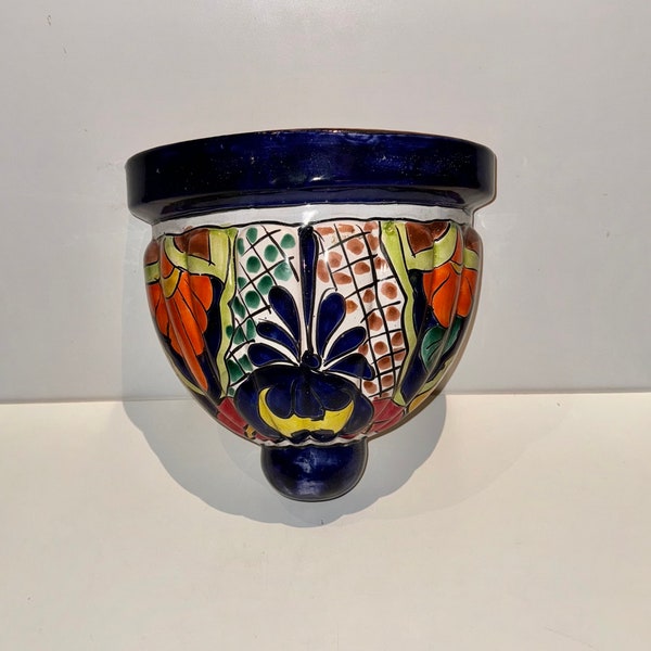 Belle grande Talavera mexicaine vintage Art floral bleu poterie Cantina jardinière murale vase suspendu festif Pot fabriqué au Mexique peint à la main