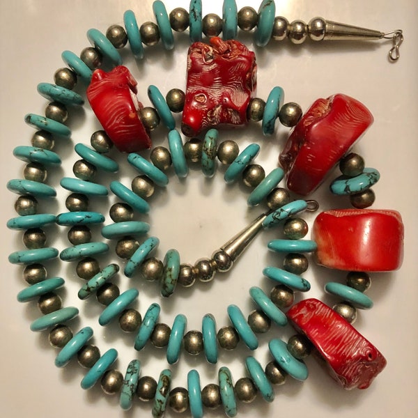 Vintage Turquoise and Chunky Coral Necklace 30 Inches Long Southwestern Turquoise Beads MUST SEE