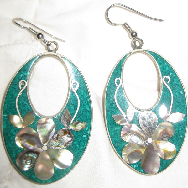 Beautiful Vintage Hippie Era Mexican Alpaca Silver Turquoise Abalone Long Dangling Pierced Earrings Dangles