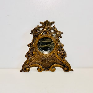 Antique Heavy Brass Victorian Lou Emma Clock Component Frame Hanging Mirror Baroque Cherub Floral Swirl Upcycled Dark Academia Steampunk