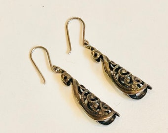 Vintage Silver Filigree Victorian Revival Drop Earrings Openwork Pierced Earrings