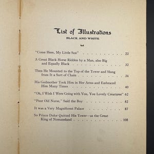 May include: A vintage book page with a list of black and white illustrations. The title "List of Illustrations" is at the top, followed by a series of titles and page numbers. The paper has a cream colour with visible binding.
