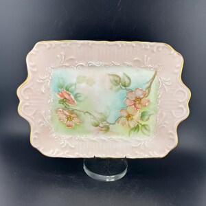 Vintage Hand Painted Vanity Tray Jewelry Dish Pin Bowl Scalloped Victorian Revival Pastel Pink Magnolias or Dogwood Flowers  Shabby Boudoir