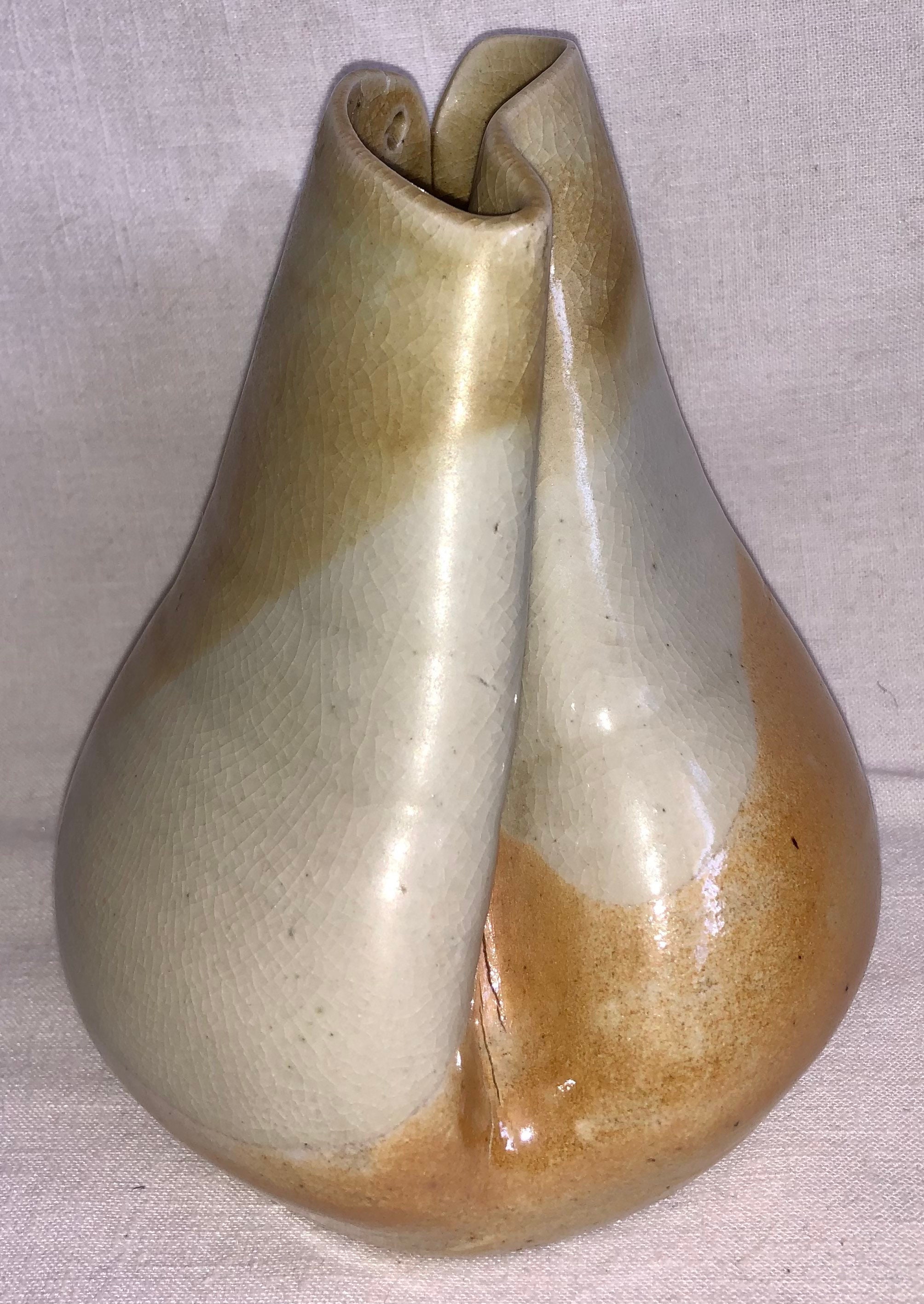 Artist Signed Mid Century Modernist Freeform Vase Vessel Dated 1983 in Earth Tones Boho Hippie Granny