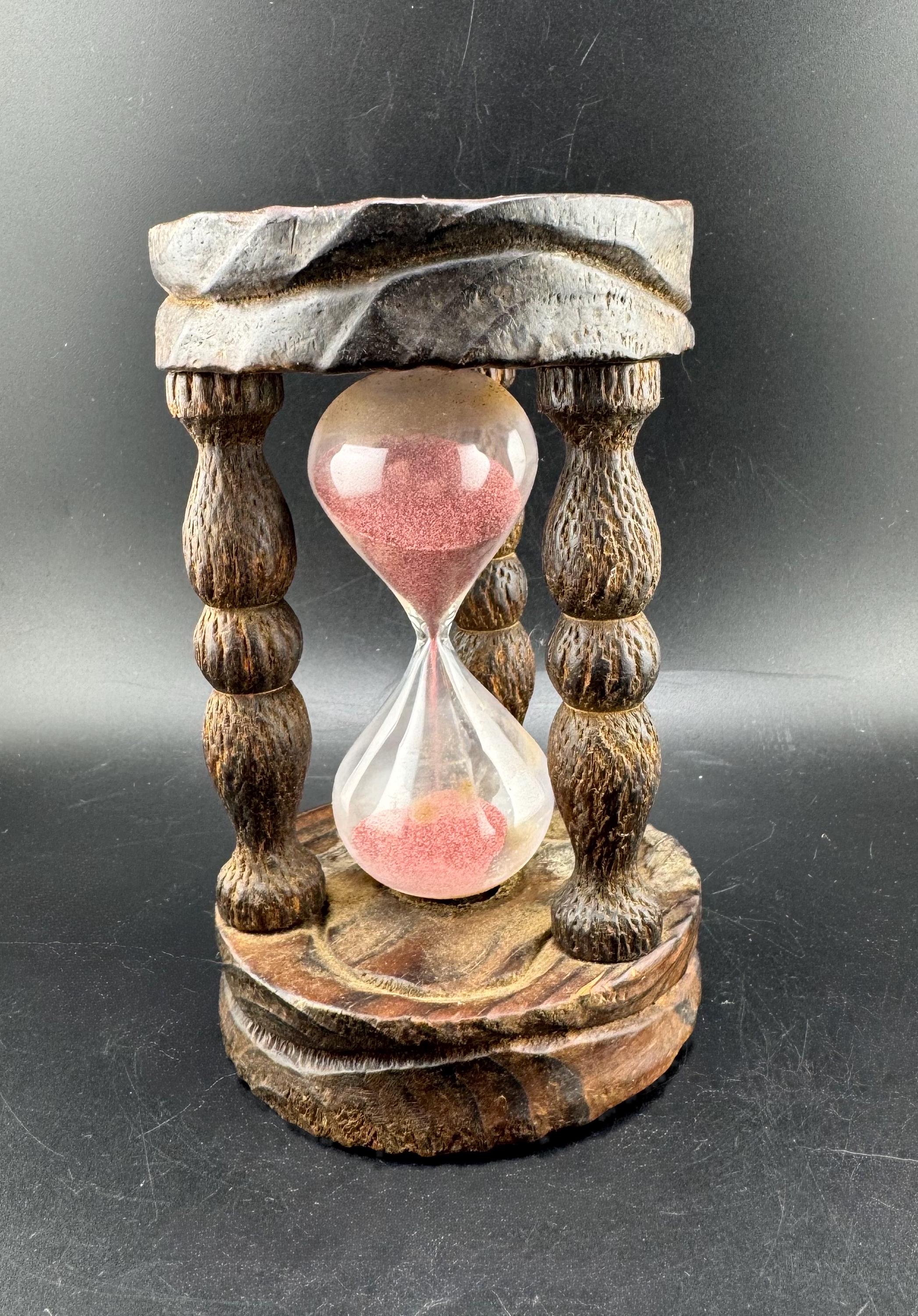 Reloj de arena de madera vintage de arte popular, tallado en madera,  decoración de altar místico, temporizador de huevos de minutos, cocina  rústica