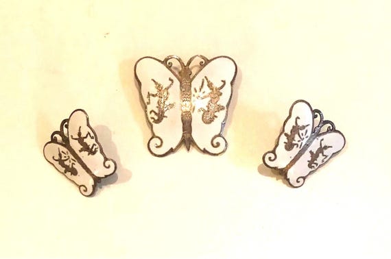HTF Vintage Siam Silver & White Enameled Butterfly Brooch and Earring Set 3 Butterflies Demi Parure Thailand MCM Asian Goddess Myth
