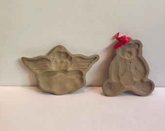 Vintage Pair Brown Bag Cookie Art Shortbread Mold Winged Angel Cherub & Teddy Bear Christmas Ornament Moulds 1980s w Cookie Recipe Book
