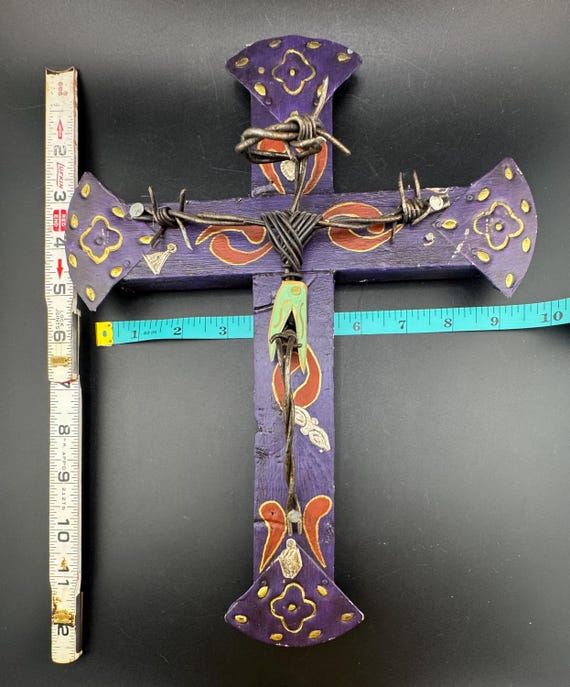 Vintage Primitive Folk Art Crucifix Wall Cross Wood & Metal W