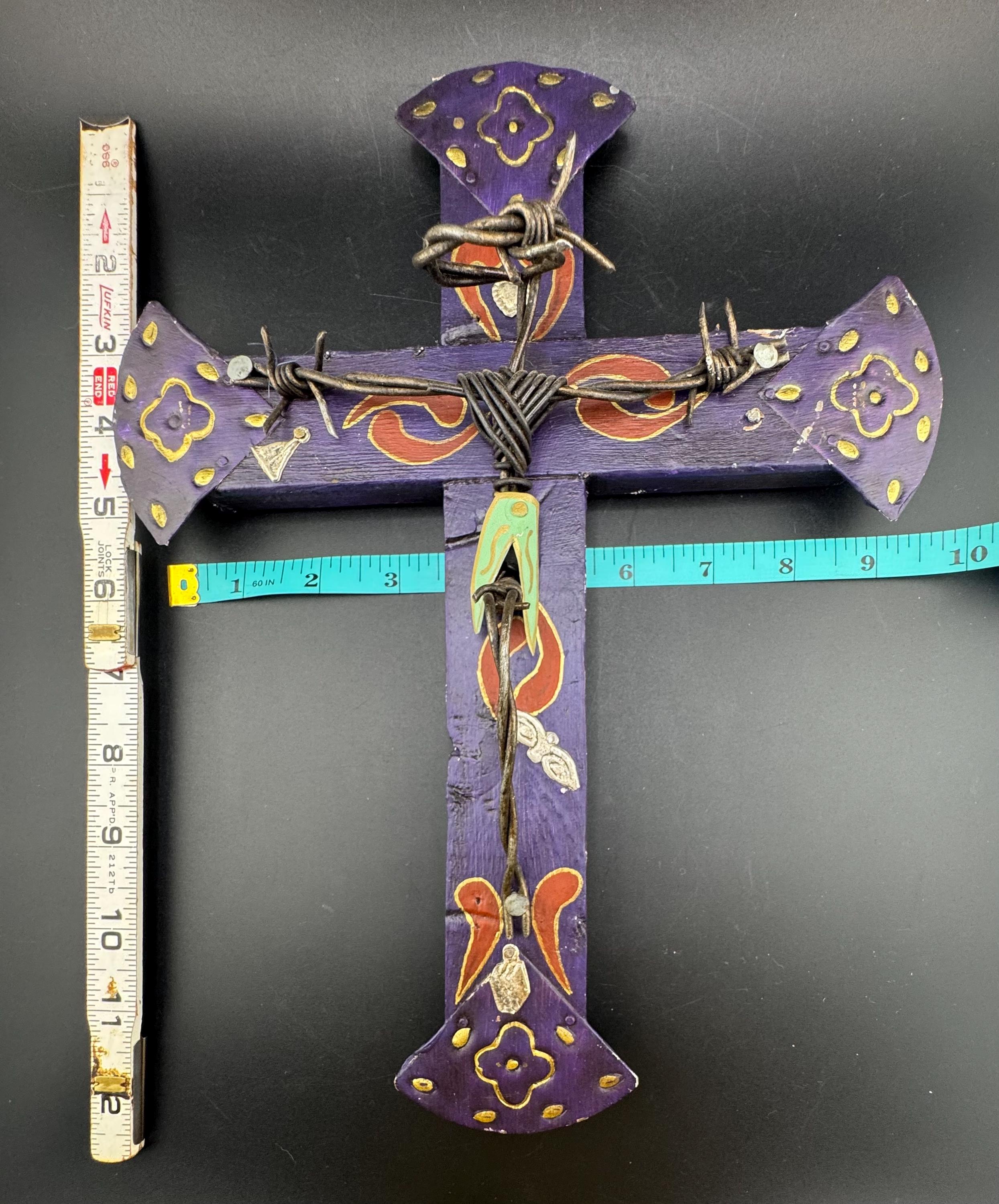 Vintage Primitive Folk Art Crucifix Wall Cross Wood & Metal W