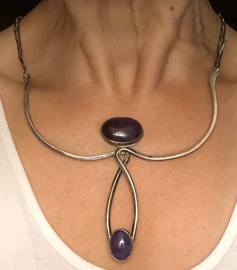 Modernist Charoite Necklace Silver Collar Bib Necklace Designer Bib Collar Necklace Artist Signed Purple Stones Hippie Jewelry