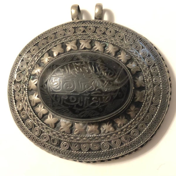 RARE Antique Inscribed Arabic Onyx Tribal Pendant Necklace Ca 1900 Islamic Jewelry Statement Piece