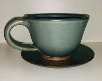 Vintage Hand Turned Studio Pottery Blue Ceramic Ridged Mug & Saucer Artist Signed Large Coffee Cup Hot Cocoa Sleepover