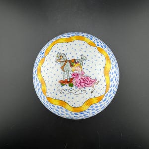 Unusual Vintage Limoges Box Lidded Round Ball Shaped Trinket Box Hand Painted Toys Doll Horse Painting Artist Signed Limoges France