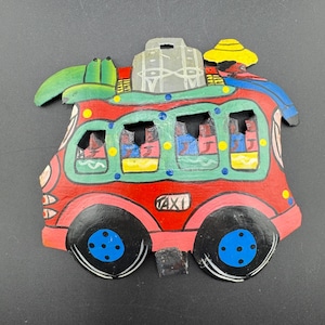Vtg Handmade Haitian Folk Art Tap Tap Taxi Camionette Wall Hook Recycled Steel Drum Metal Wall Hanging & Bonus Miniature Napkin Letter Rack