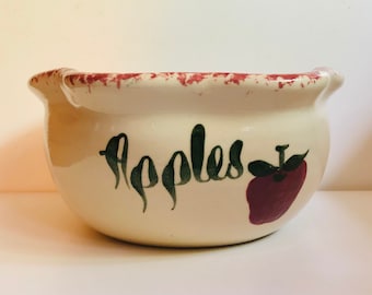 Vintage Red Spatter Stoneware Apple Shaped Fruit Bowl Figural Apple Centerpiece Hand Turned East Texas Pottery Marshall TX Sponge Ware Bowl